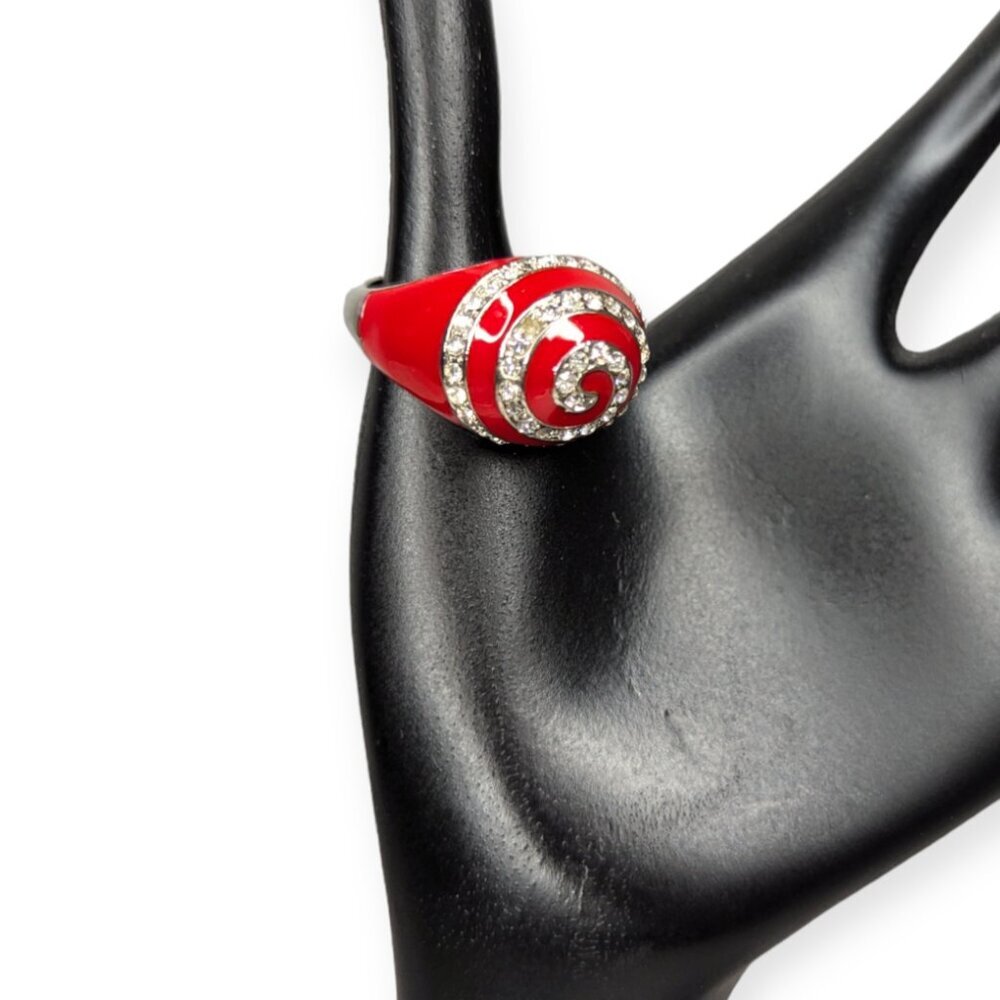 Silver Tone & Red Enameled Swirl Ring Size 8/9
